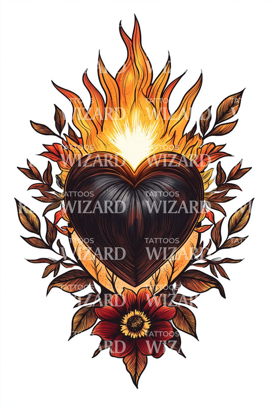 Sunburst Flame Heart Tattoo Design
