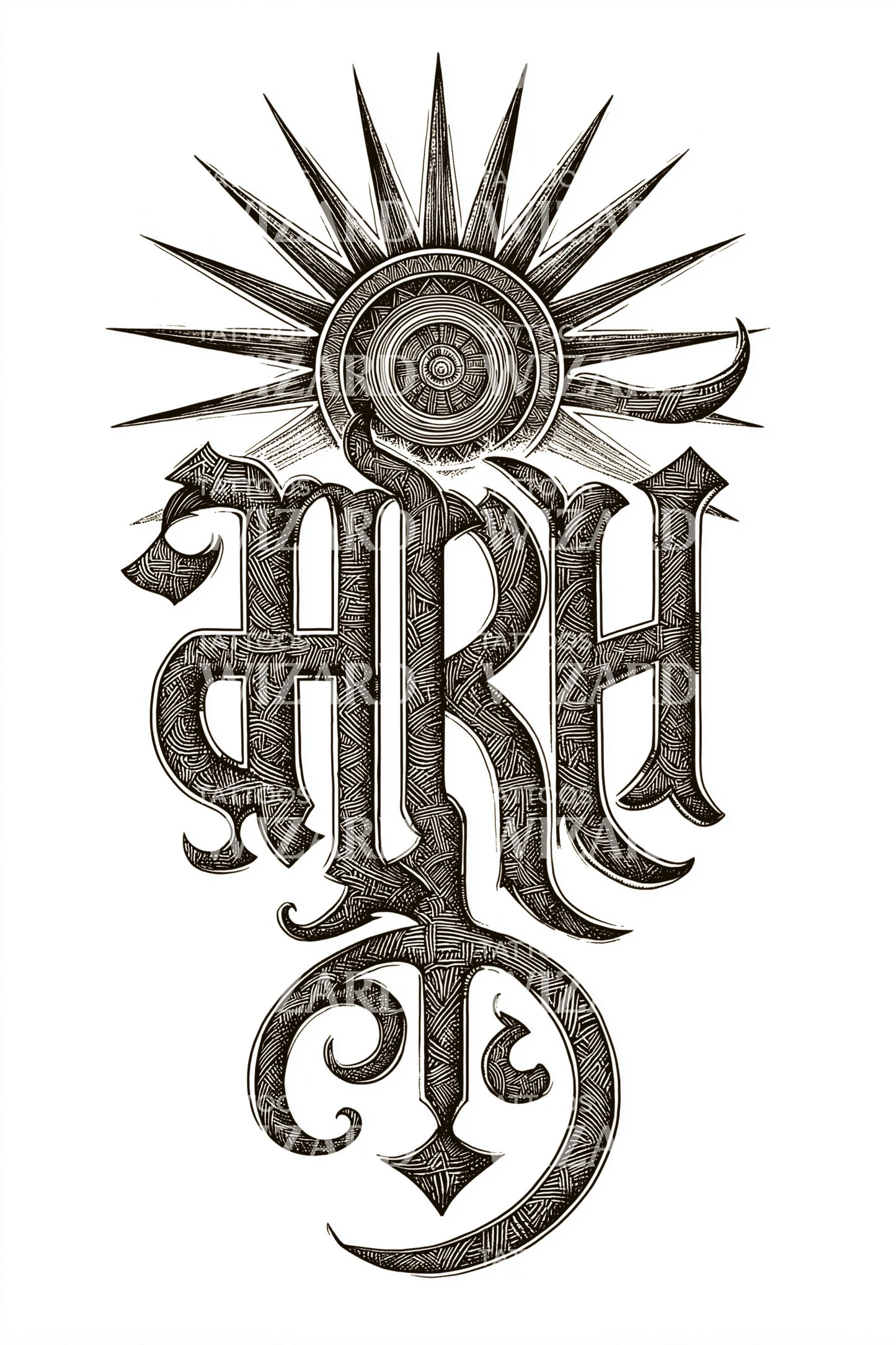 Sunburst Gothic Monogram Tattoo Design