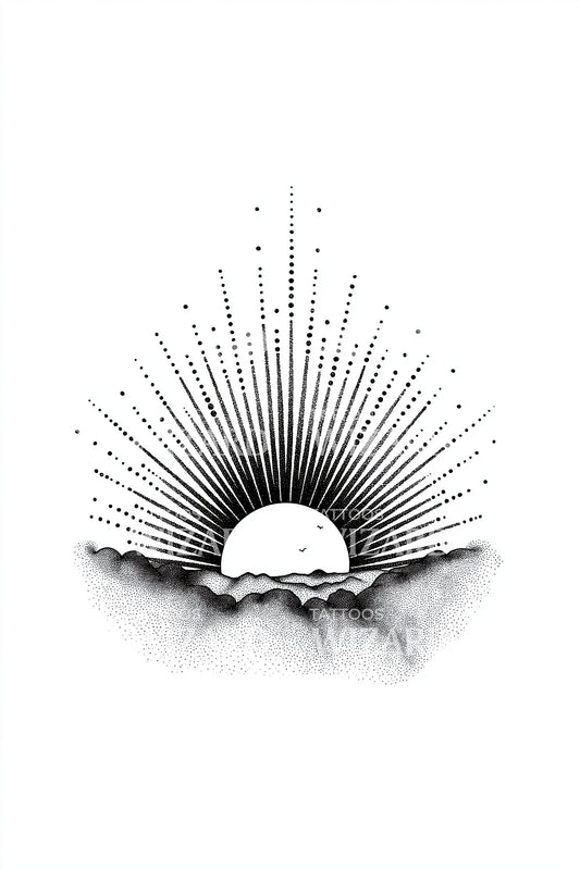 Sunburst over Waves Tattoo Illustration