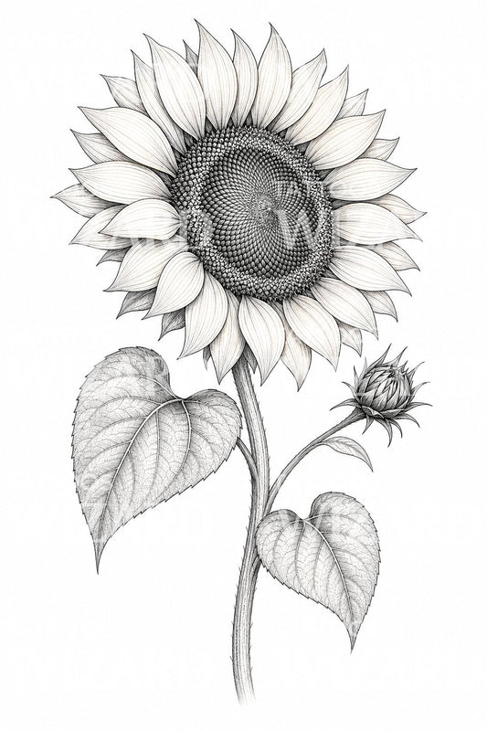 Sunflower Bloom ファインラインタトゥーデザイン