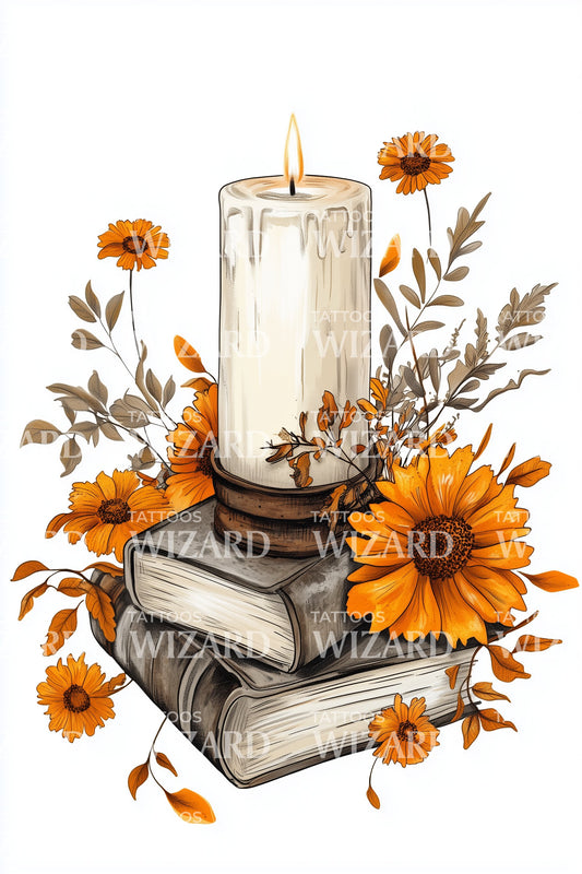 Sunflower Candle Books Tattoo Design