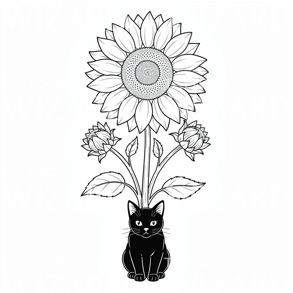 Diseño de Tatuaje Gato y Girasol