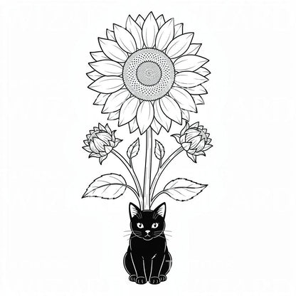 Diseño de Tatuaje Gato y Girasol