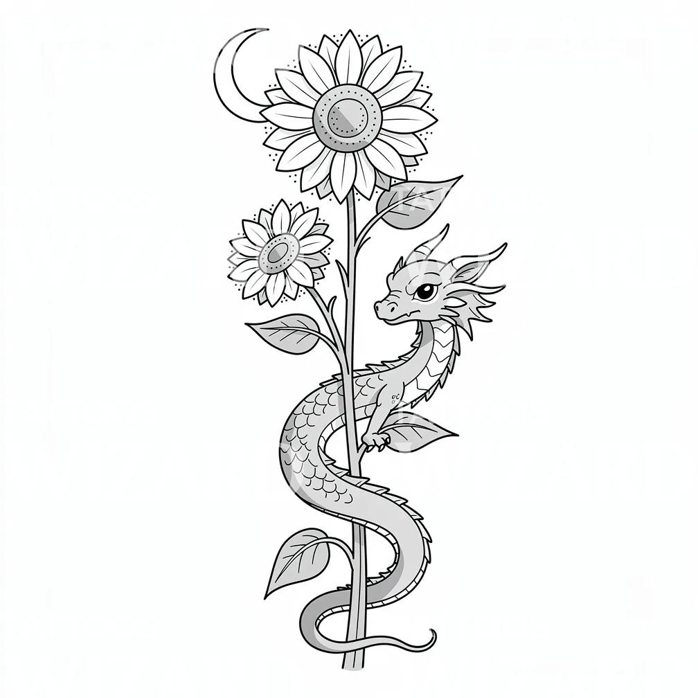 Sunflower Dragon Moon Tattoo Design