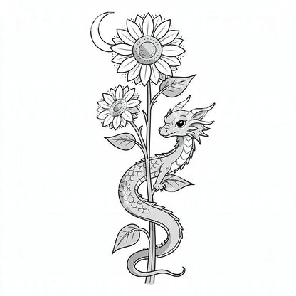 Sunflower Dragon Moon Tattoo Design
