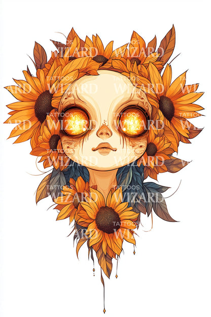Desenho de Tatuagem de Boneca com Olhos de Girassol
