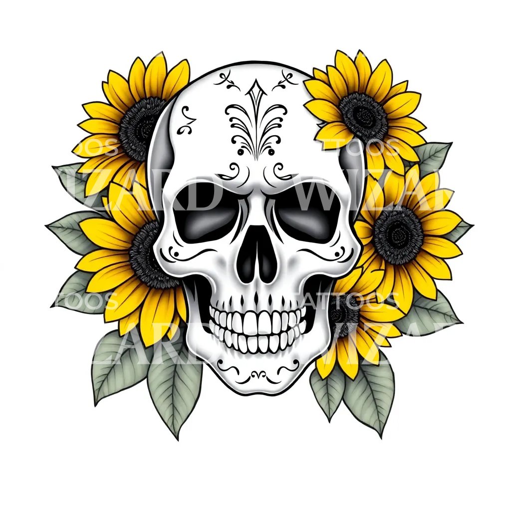 Sunflower Skull Tattoo Design