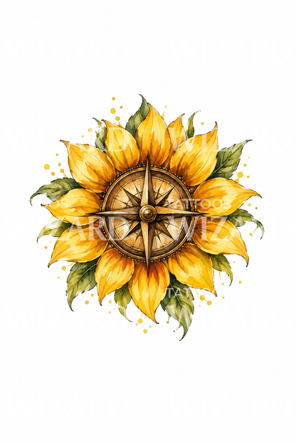 Sunflower with Compass Rose Centre Watercolor Tattoo