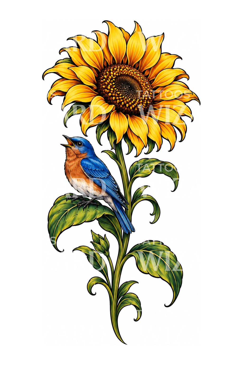 Sunflower with Singing Bluebird Tattoo – Tattoos Wizard Designs