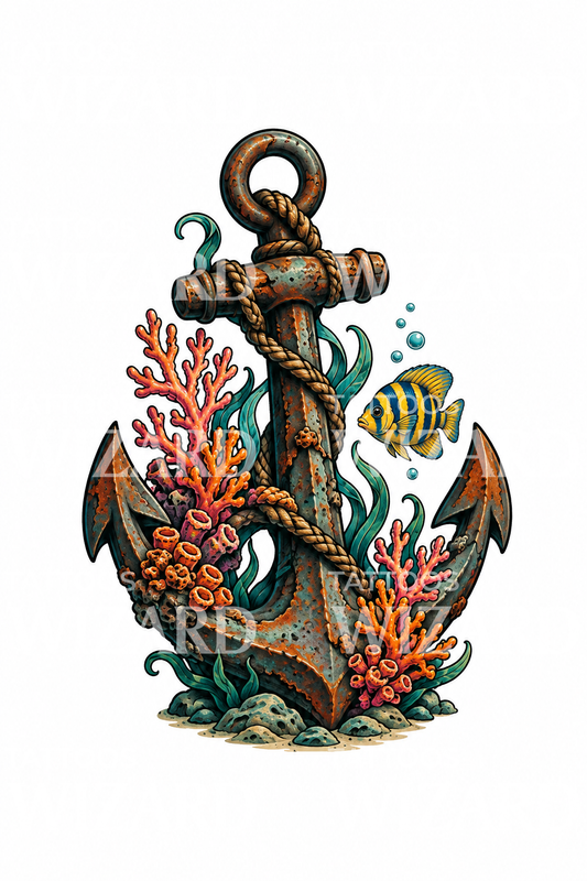 Sunken Anchor with Coral and Tropical Fish Tattoo Design