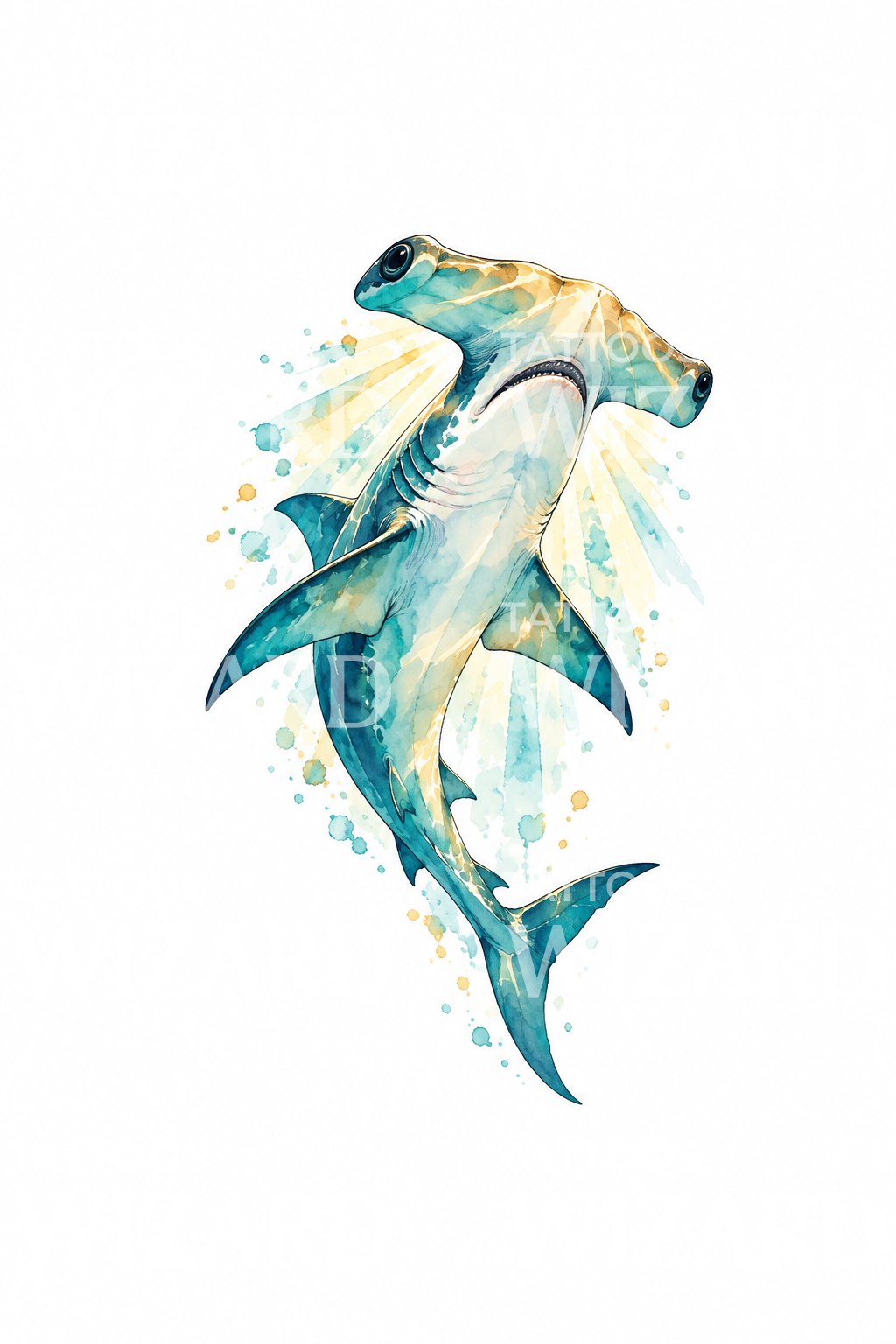 Sunlit Teal Hammerhead Watercolor Tattoo