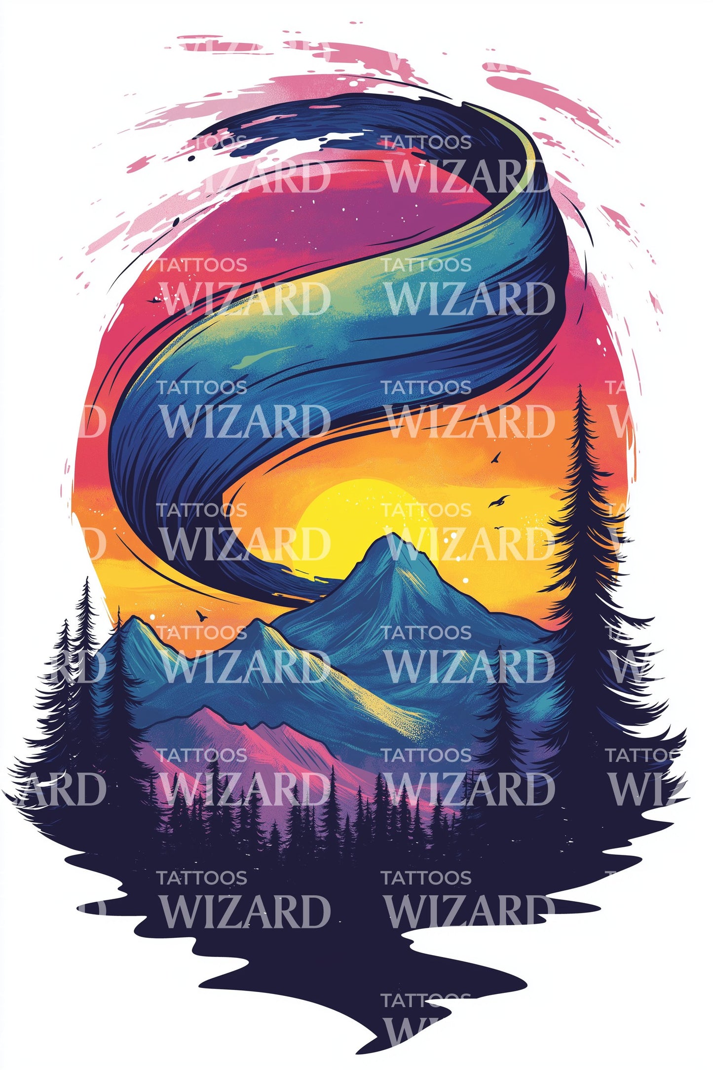 Sunset Aurora Mountain Tattoo Design