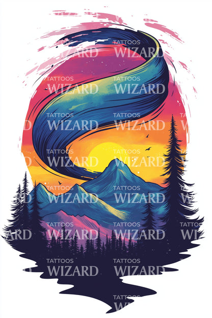 Sunset Aurora Mountain Tattoo Design