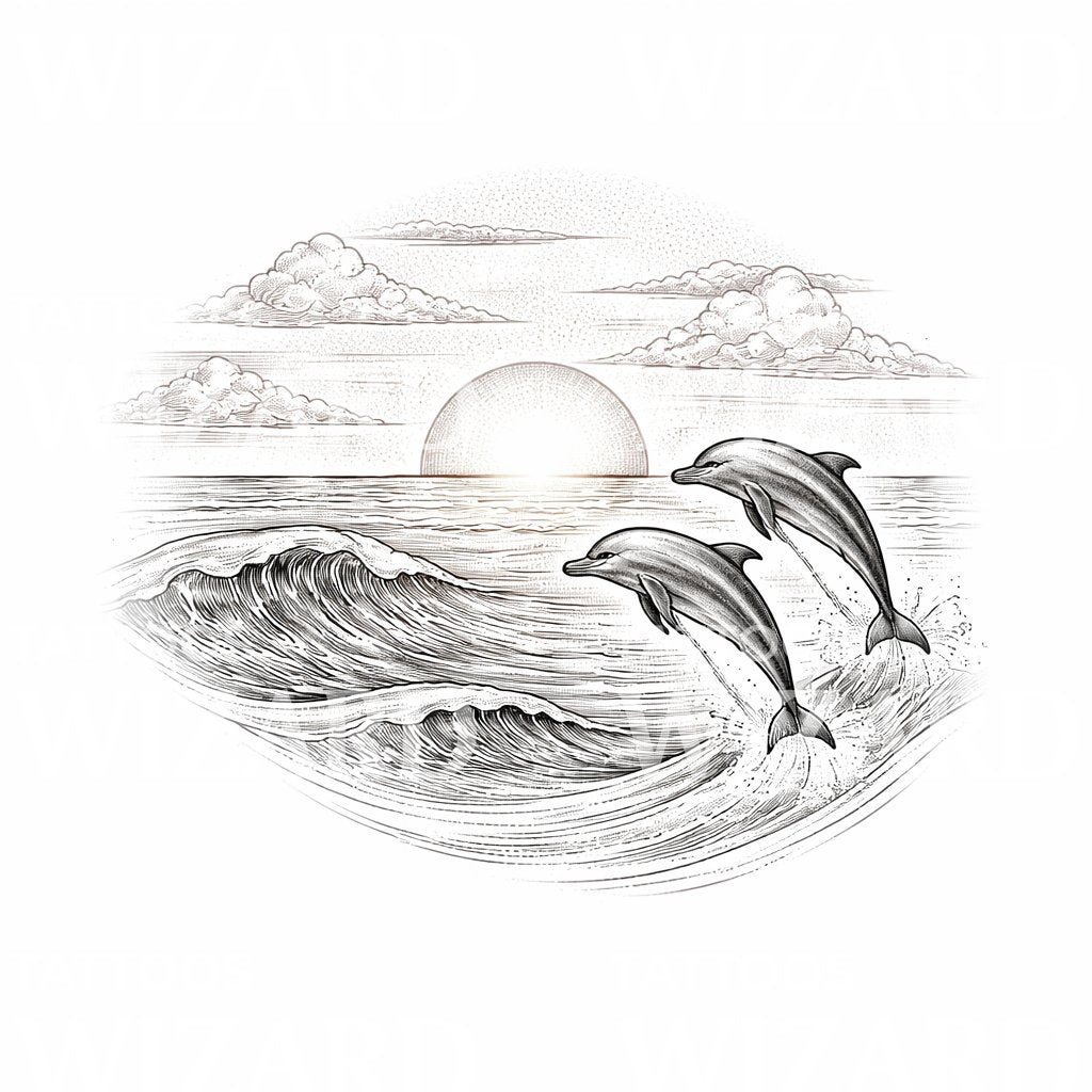 Sunset Dolphins Ocean Tattoo Design