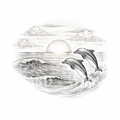 Sunset Dolphins Ocean Tattoo Design