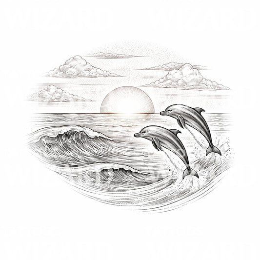 Sunset Dolphins Ocean Tattoo Design