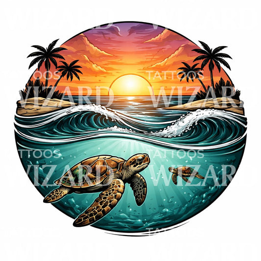Sunset Sea Turtle Tattoo Design