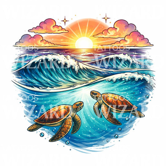 Sunset Sea Turtles Tattoo Design