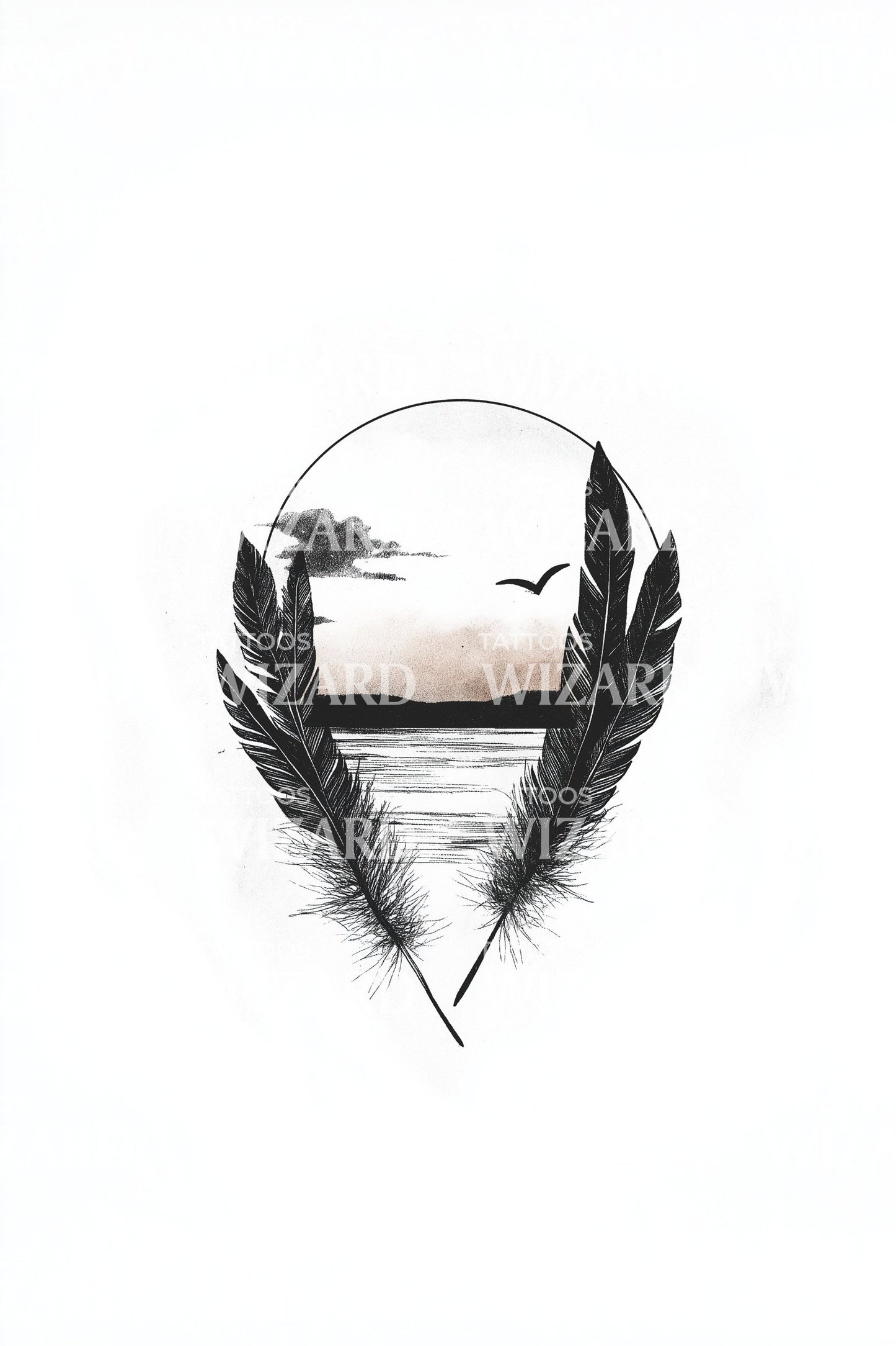 Sunset Shoreline Feather Emblem Tattoo Design