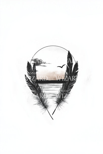 Sunset Shoreline Feather Emblem Tattoo Design