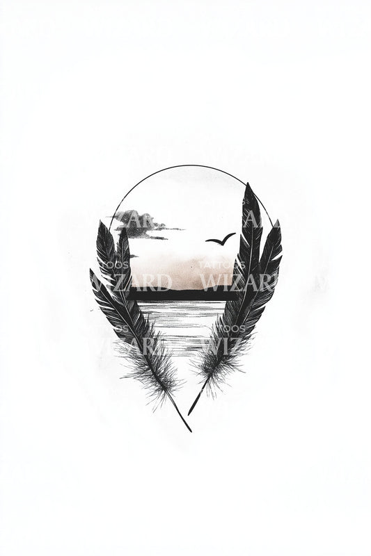 Sunset Shoreline Feather Emblem Tattoo Design