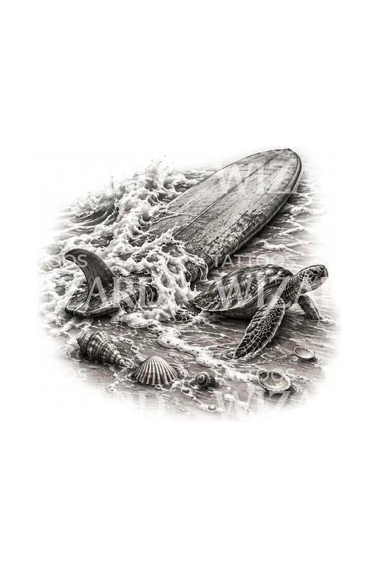 Surfboard and Sea Turtle on the Shore Tattoo Design