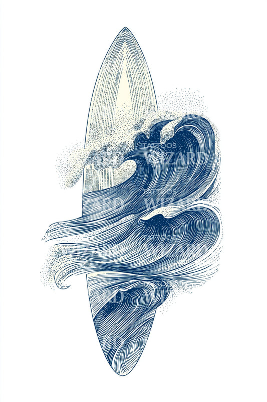 Surfboard and Wave Crest Tattoo Design