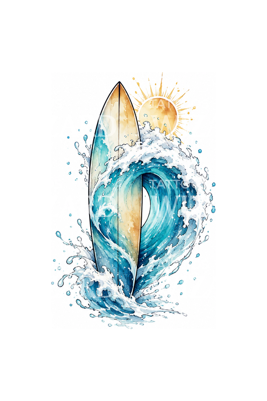 Surfboard in a Barrelling Wave Tattoo Design