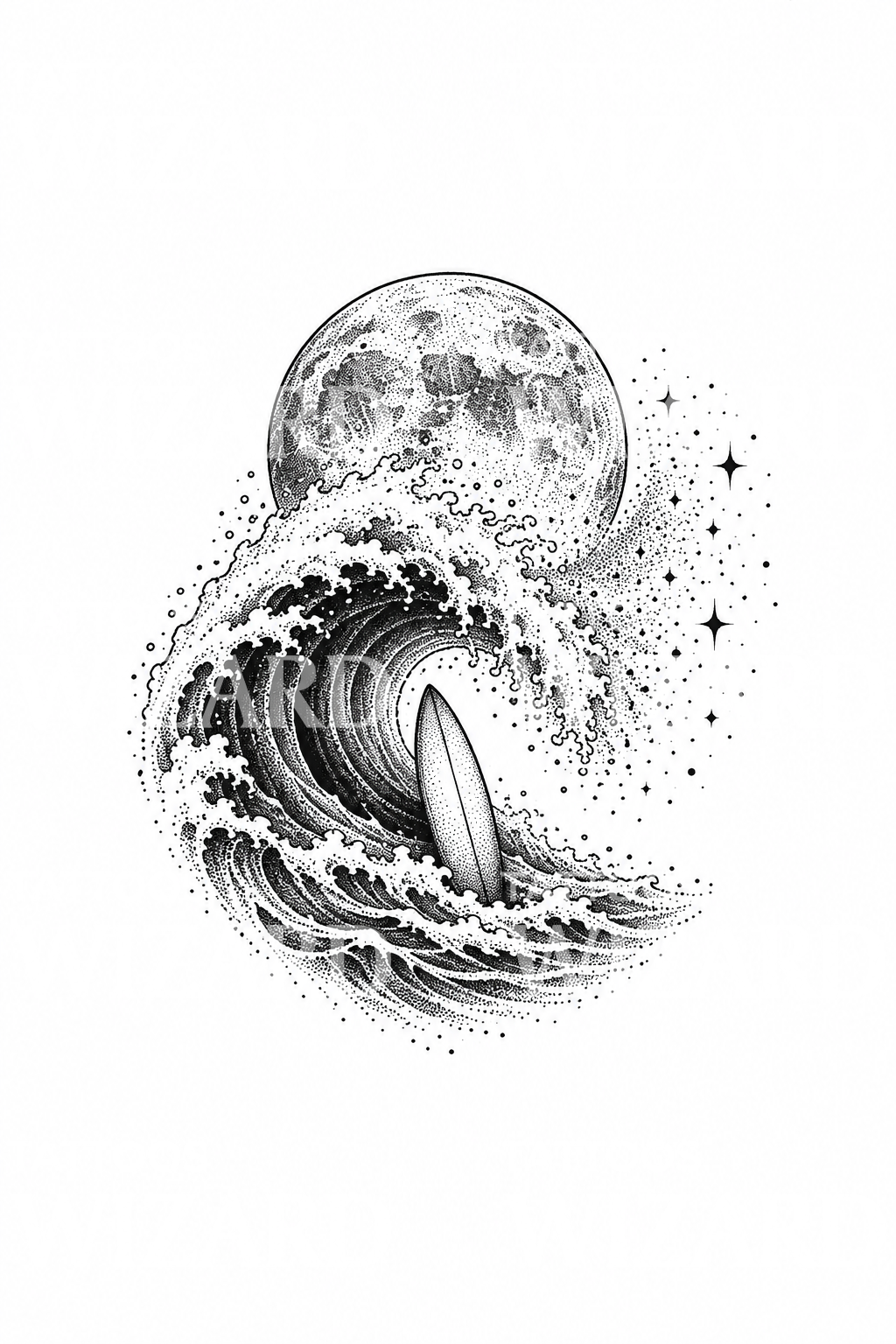 Wave Tattoo Pattern Surfboard in Moonlit Wave Dotwork Tattoo – Tattoos Wizard Designs