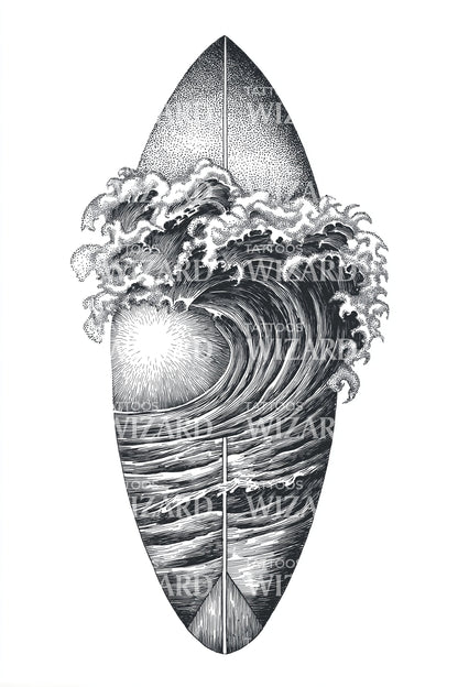 Surfboard Ocean Wave Tattoo Design