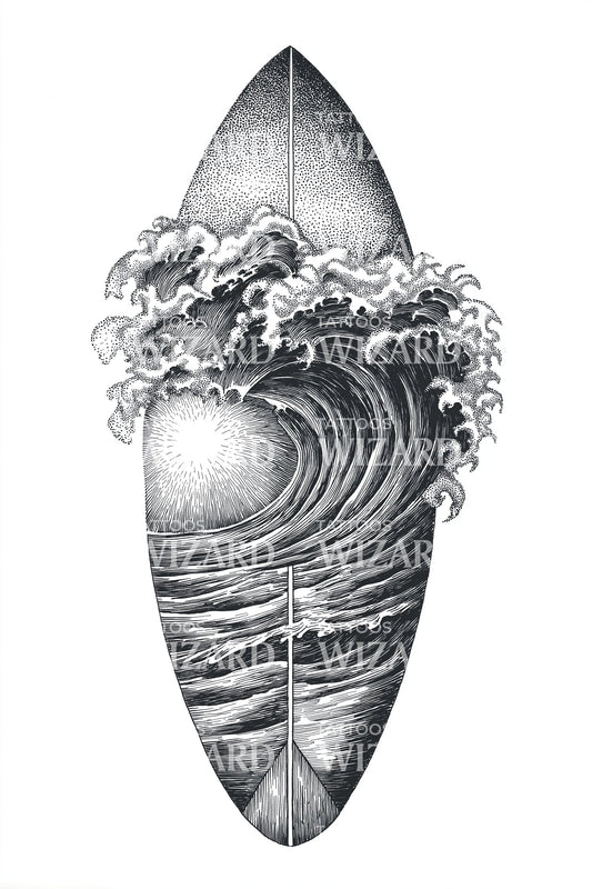 Surfboard Ocean Wave Tattoo Design