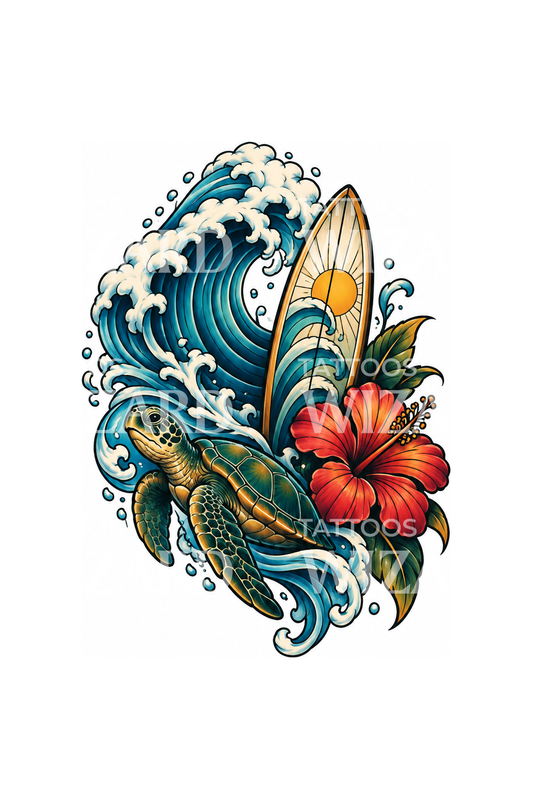 Tatouage tortue de mer sur planche et vague d’hibiscus
