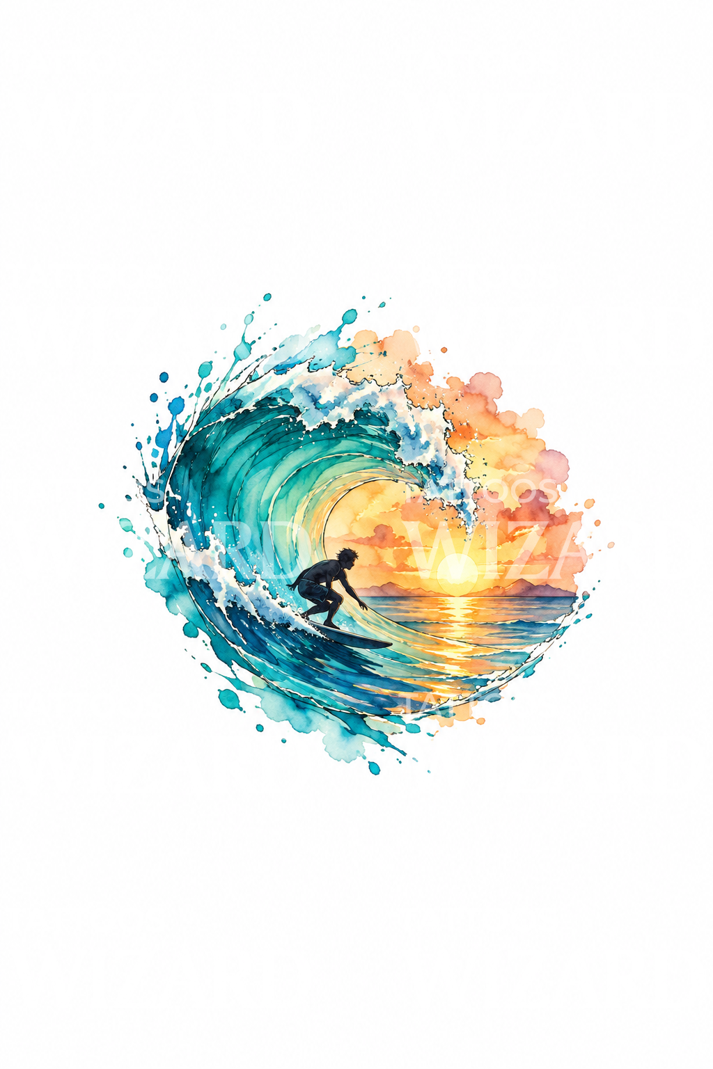 Surfer Riding Sunset Wave Watercolor Tattoo Idea