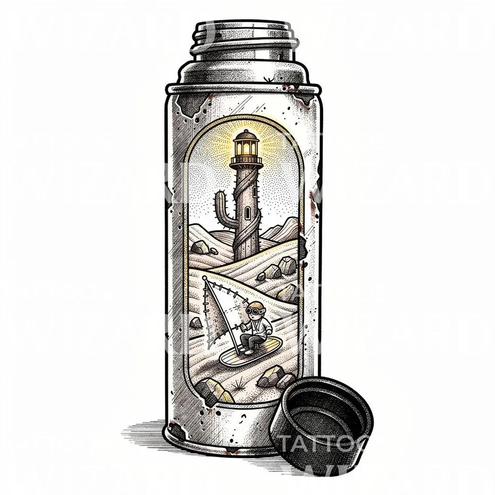 Surrealer Flaschen-Leuchtturm Tattoo-Design