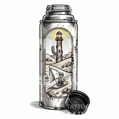 Surrealer Flaschen-Leuchtturm Tattoo-Design