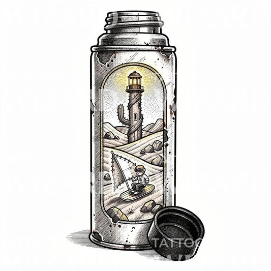 Surrealistisk Fyr i Flaska Tatueringsdesign