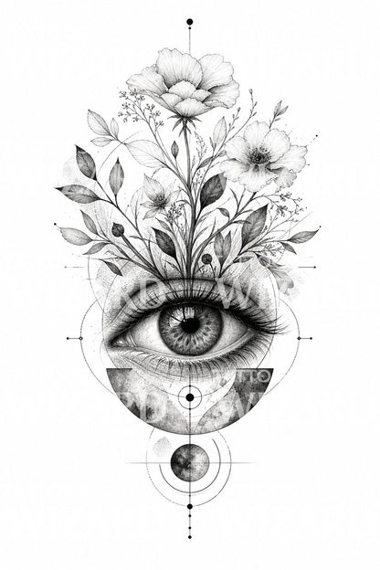 Surreal Eye and Flowers Tattoo Design