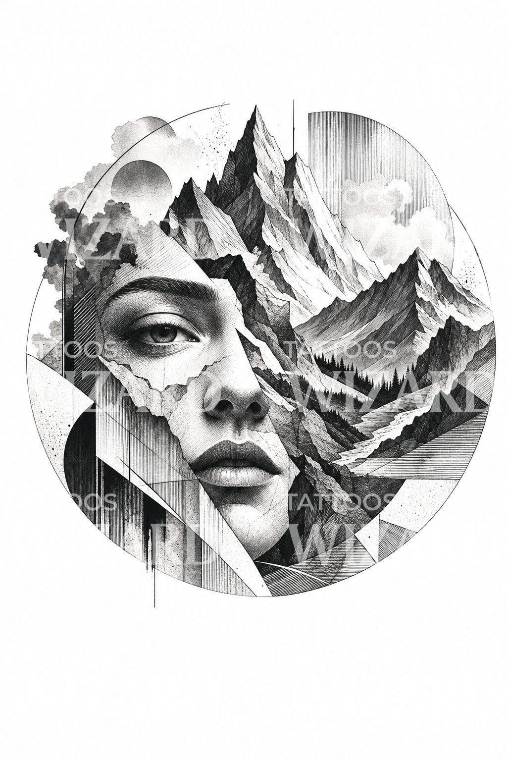 Surreal Face and Mountains Tattoo Design