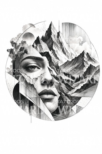 Surreal Face and Mountains Tattoo Design