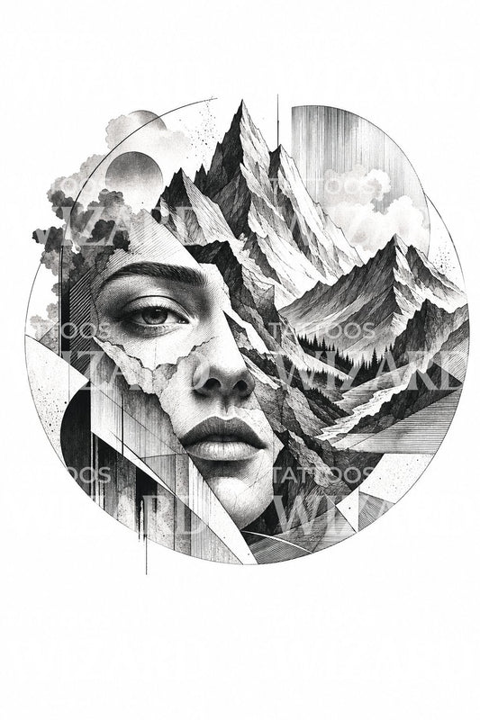Surreal Face and Mountains Tattoo Design