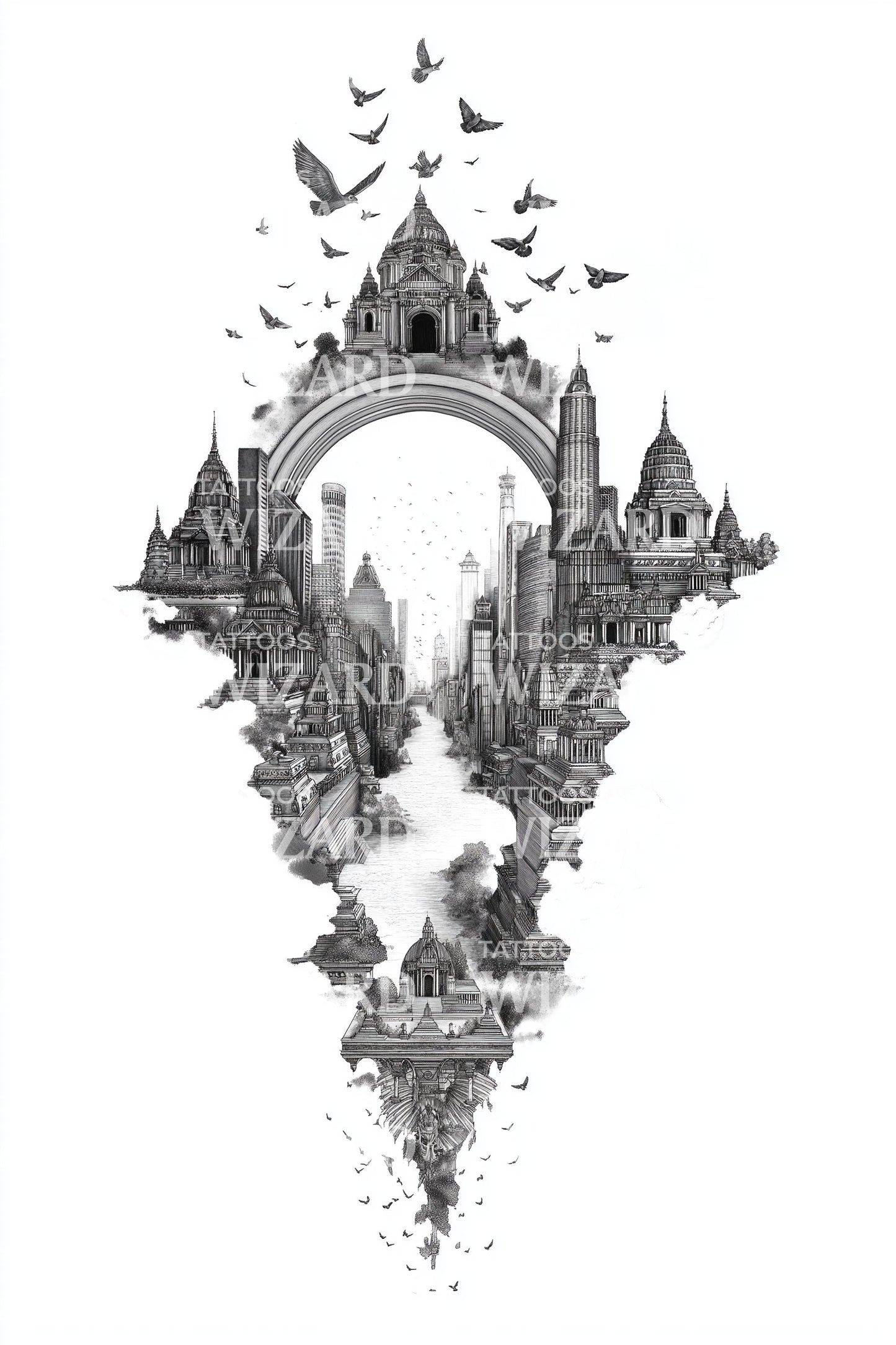 Surreal Floating City Bridge Tattoo Illustration