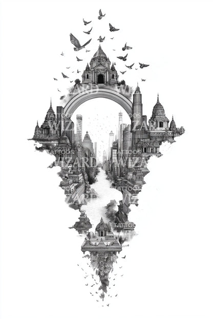 Surreal Floating City Bridge Tattoo Illustration