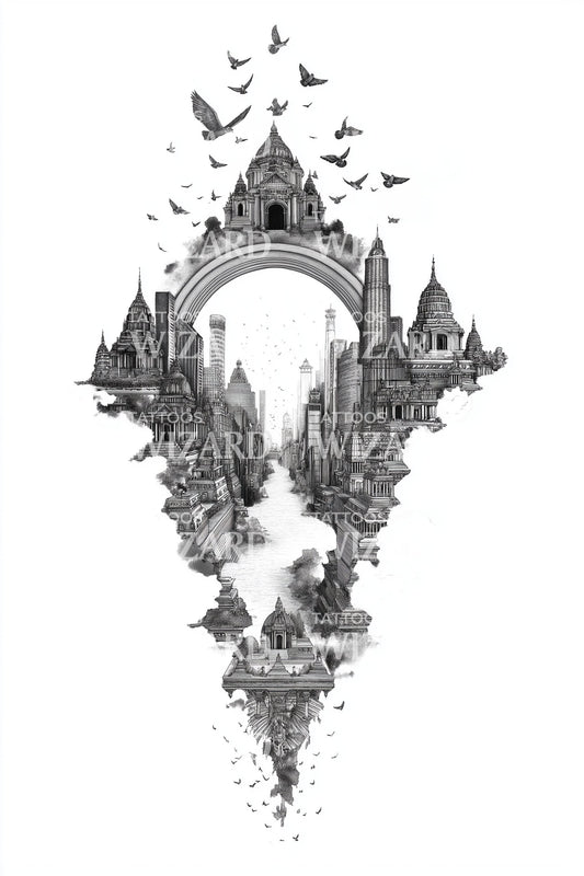 Surreal Floating City Bridge Tattoo Illustration