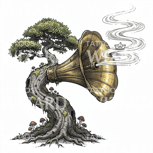 Surreal Gramophone Tree Tattoo Design