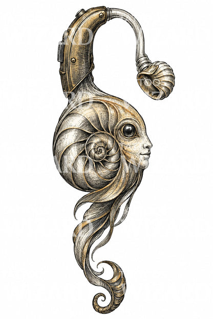Design de tatuagem de rosto de náutilo surrealista