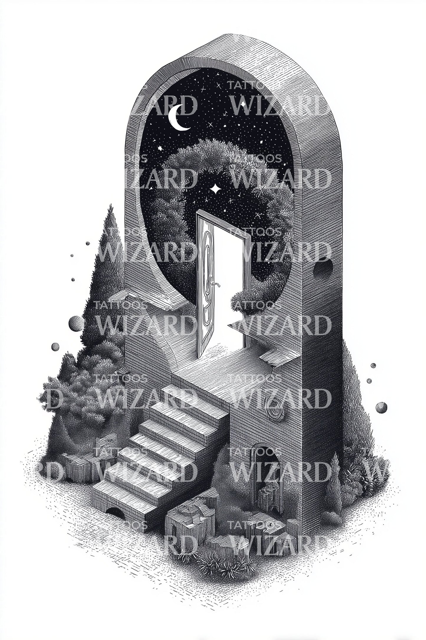 Surreal Portal Stairway Tattoo Illustration