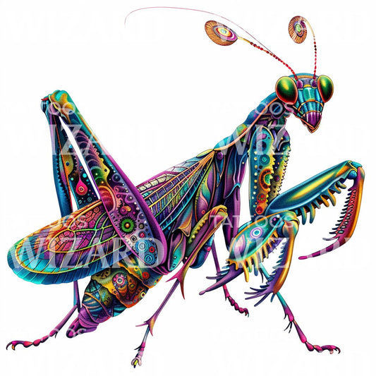 Surreal Praying Mantis with Intricate Patterns Tattoo Idea