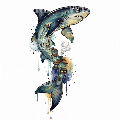 Surreal Shark Village Tattoo Illustration