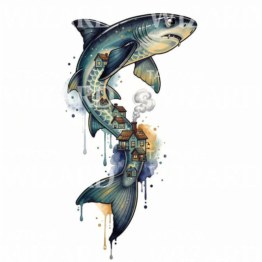 Surreal Shark Village Tattoo Illustration