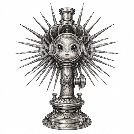 Surrealistisk tatueringsillustration av docka med solstrålar